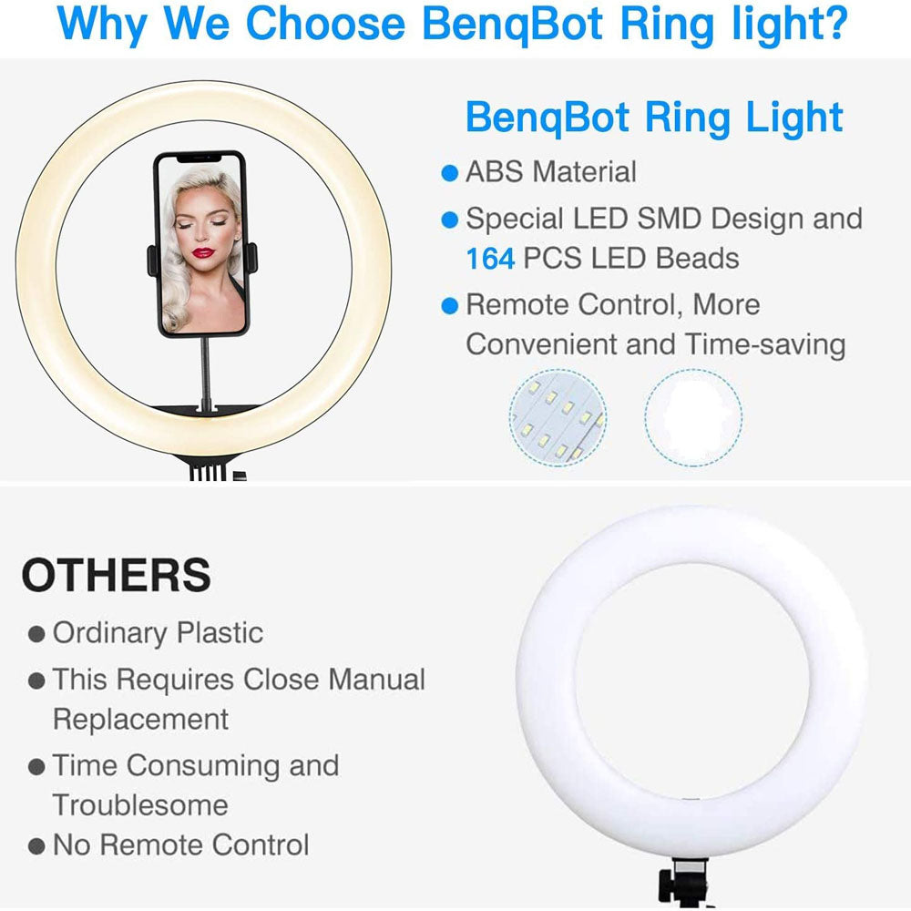 10-inch Dimmable LED Ring Light, 10W, 10 Brightness Modes, 3200-5500K, Adjustable Tripod 37-160cm