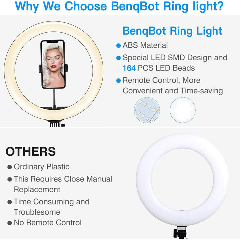 10-inch Dimmable LED Ring Light, 10W, 10 Brightness Modes, 3200-5500K, Adjustable Tripod 37-160cm
