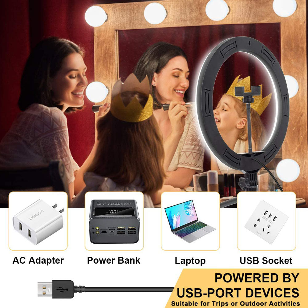 10-inch Dimmable LED Ring Light, 10W, 10 Brightness Modes, 3200-5500K, Adjustable Tripod 37-160cm