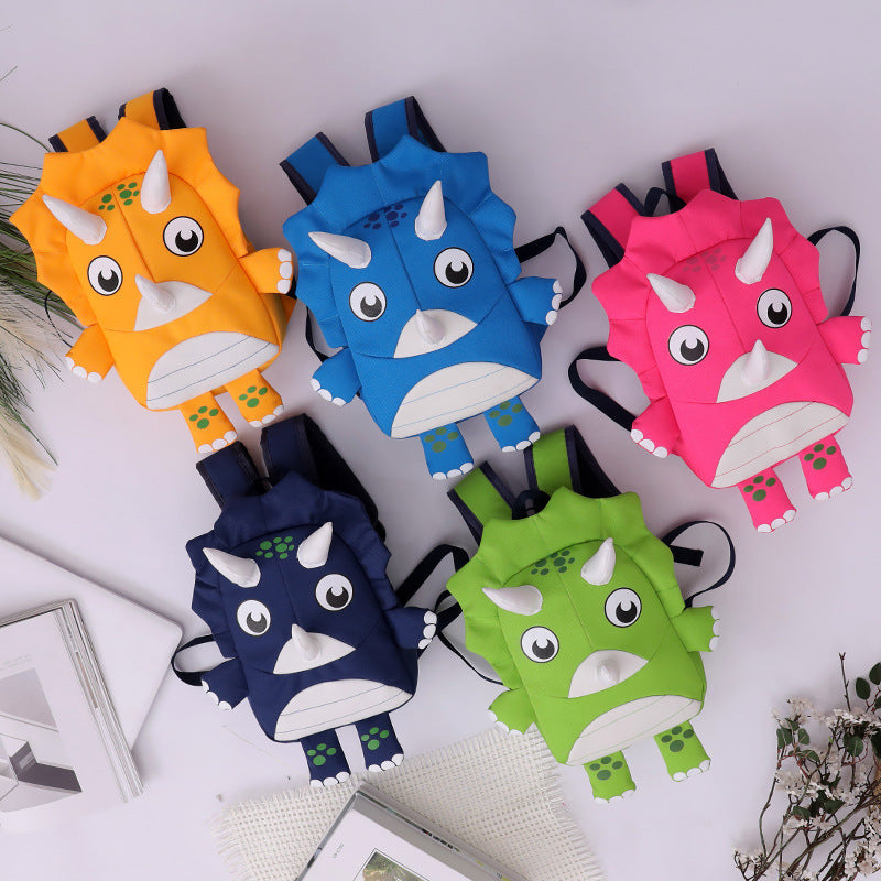 Cartoon Dinosaur Anti-Lost Kids School Bag – Cute 3D Triceratops Backpack for Children (Yellow, Green, Pink & More)