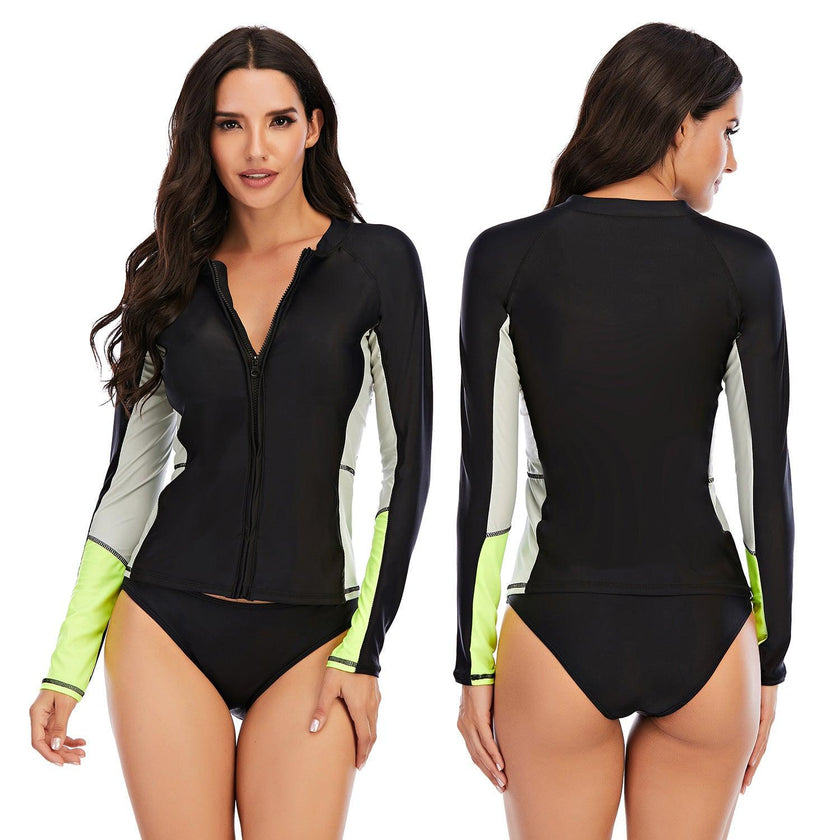 Women’s Long Sleeve Rash Guard Swimsuit Set – Zip Front UV Protection Surf Swimwear