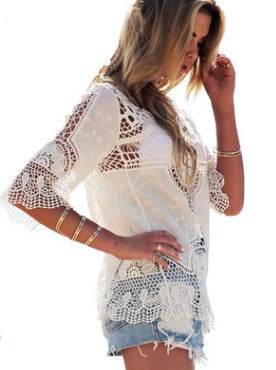 Jastie Bohemian Hollow Out Beach Cover Up Blouse Beach Shirt Women Crochet Lace Top Blusas mujer de moda Summer Tops