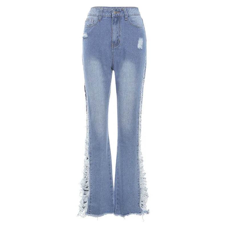 Fashion Ripped Casual Pants Bag Hip Contrast Frosted Bootcut Jeans