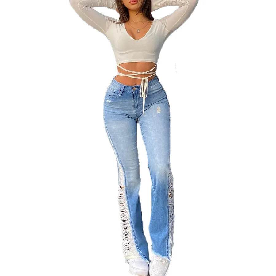 Fashion Ripped Casual Pants Bag Hip Contrast Frosted Bootcut Jeans