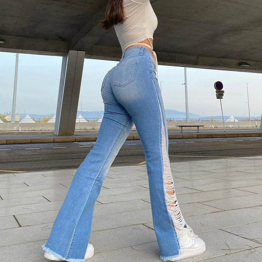 Fashion Ripped Casual Pants Bag Hip Contrast Frosted Bootcut Jeans
