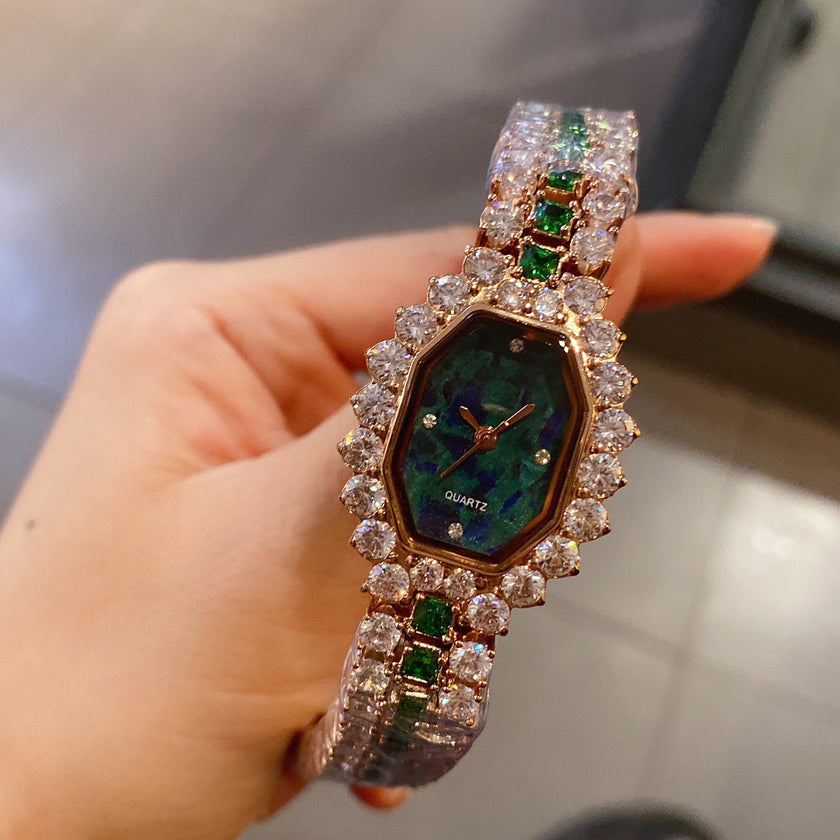 Wine Barrel Diamond Watch – Decorative Green Quartz Timepiece
