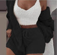 Winter Women Home Wear Suit Casual Pajamas Set Lady Female Soft Warm Long Sleeve Exposed Navel Vest Shorts Set