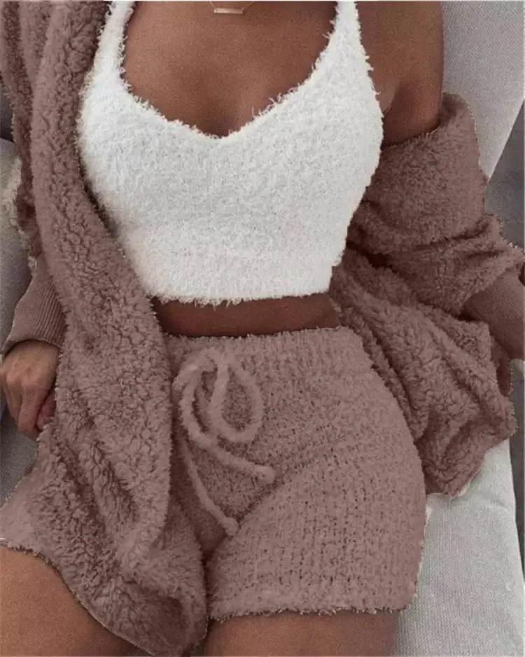 Winter Women Home Wear Suit Casual Pajamas Set Lady Female Soft Warm Long Sleeve Exposed Navel Vest Shorts Set