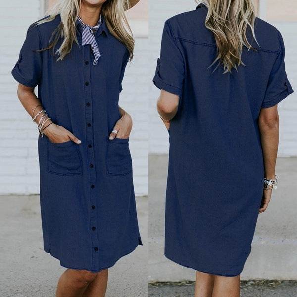 Women's Solid Color Casual Denim Short Sleeve Pocket loose Denim Dress