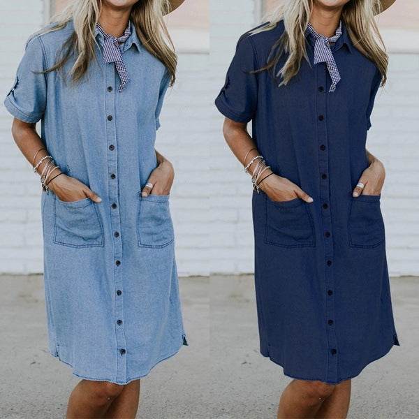 Women's Solid Color Casual Denim Short Sleeve Pocket loose Denim Dress