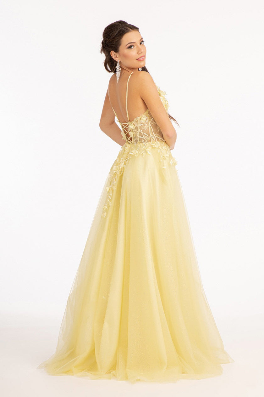 3-D Flower Applique Glitter Mesh A-line Dress w/ Embroidery