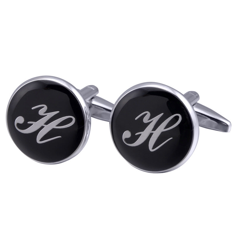 Men's Black Round Enamel Initial Letter Cufflinks – Brass & Crystal Formal Cufflinks A–Y | Canada & USA