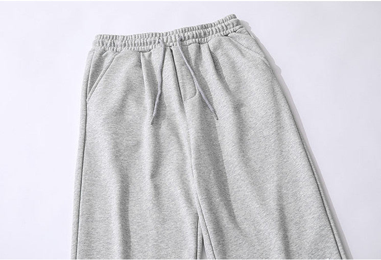 Embroidered Label Straight Leg Sweatpants – Loose Fit Cotton Joggers in Gray, Blue & Pink