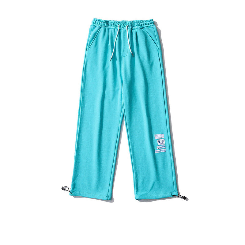 Embroidered Label Straight Leg Sweatpants – Loose Fit Cotton Joggers in Gray, Blue & Pink
