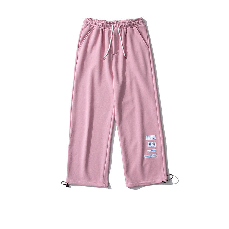 Embroidered Label Straight Leg Sweatpants – Loose Fit Cotton Joggers in Gray, Blue & Pink