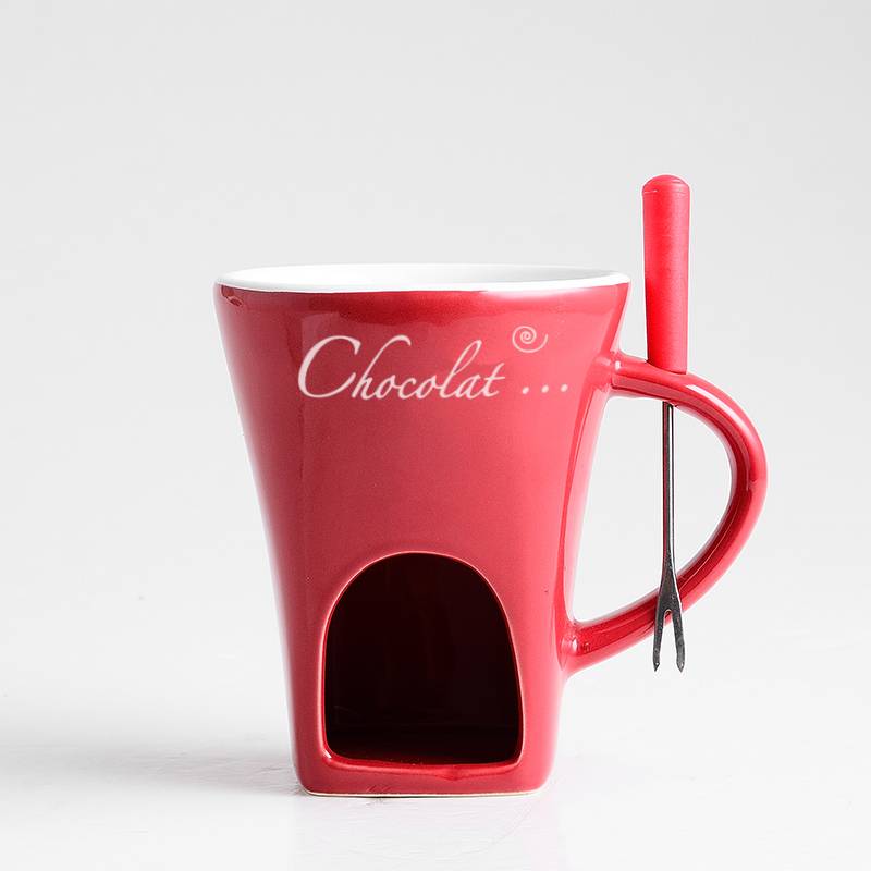 Mini Fondue Mug Set – Personal Ceramic Chocolate & Cheese Melting Pot with Fork (Beige, Coffee & Red)