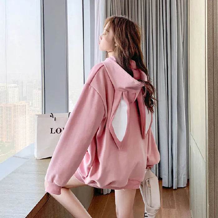 Cute Women Girls Rabbit Ears Plus Velvet Thick Hoodies Pullover Pocket Sweatshirts