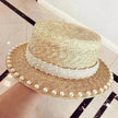 Elegant Retro Pearl Wheat Straw Flat Top Straw Hat Women's Summer Sun Protection Beach Hat Hepburn Style