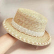 Elegant Retro Pearl Wheat Straw Flat Top Straw Hat Women's Summer Sun Protection Beach Hat Hepburn Style