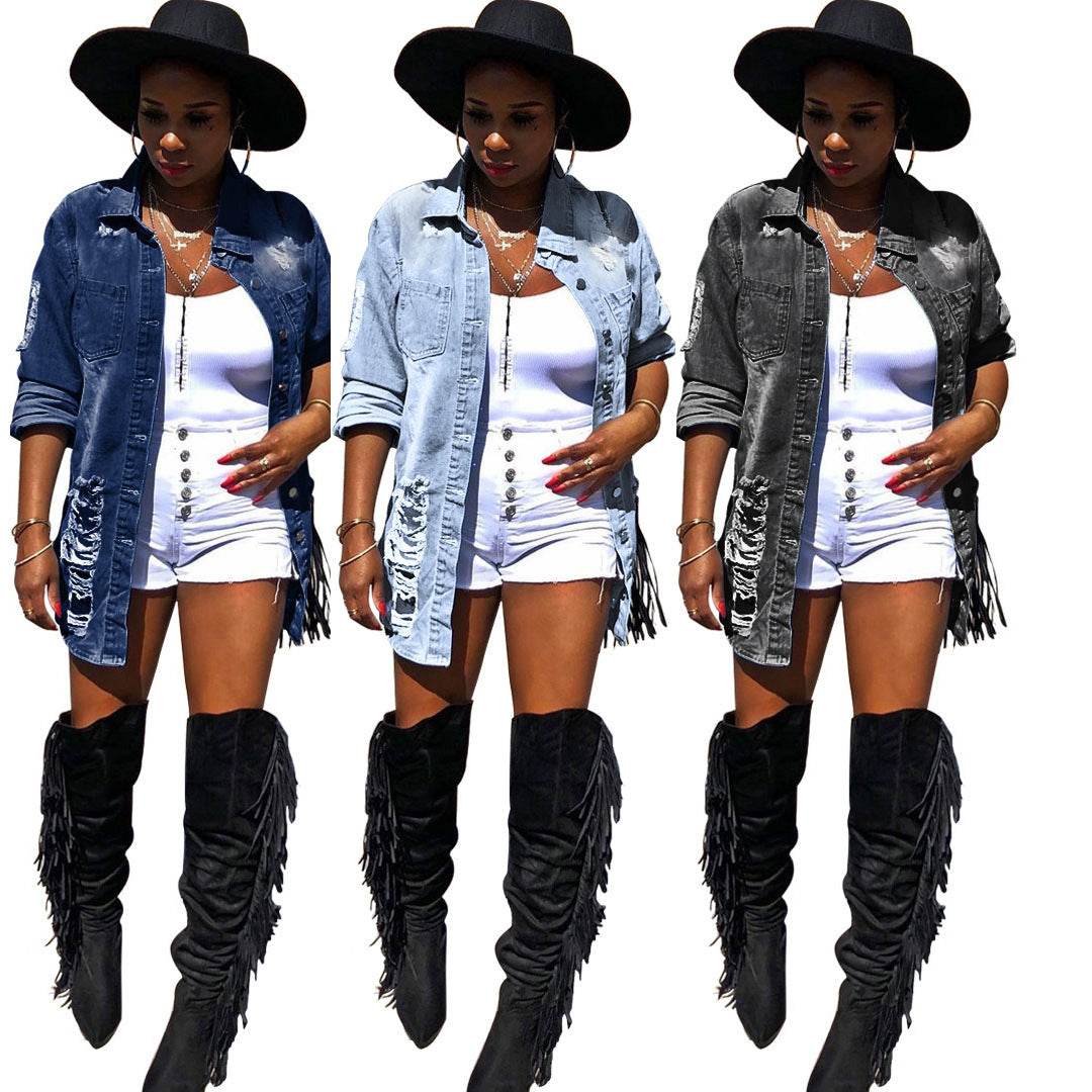 Denim Jacket Women Medium Length Cotton Lapel Style