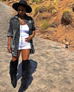 Denim Jacket Women Medium Length Cotton Lapel Style