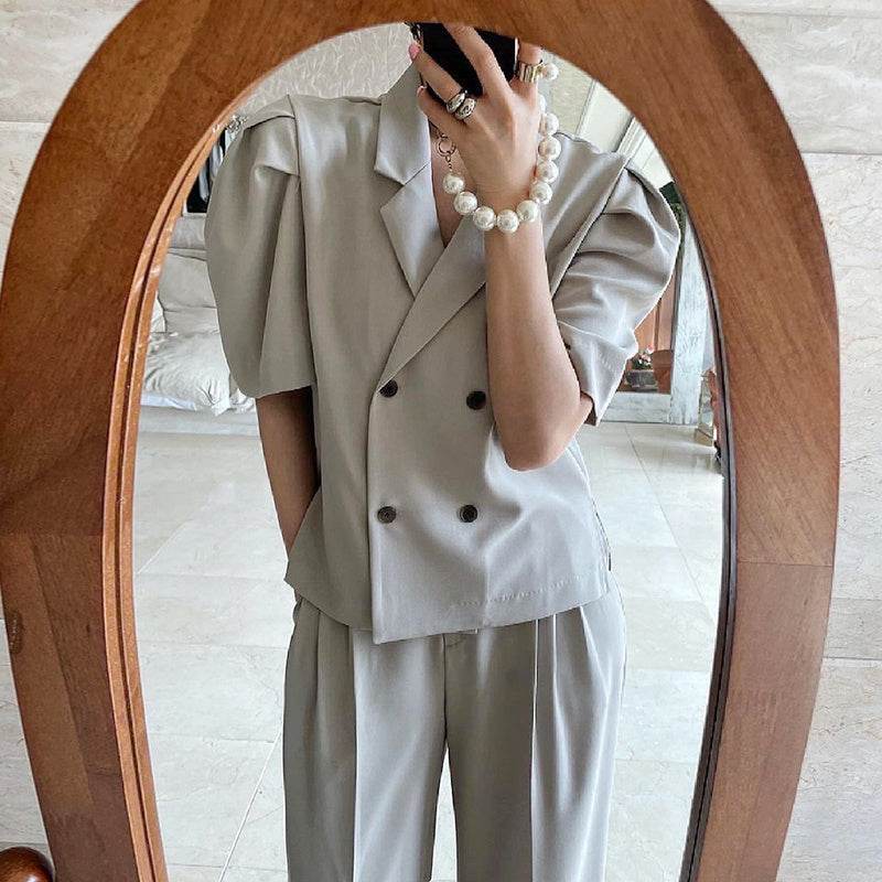 Simple Lapel Double-breasted Puff Sleeve Blazer  High-waist Pleated Casual Trousers suit