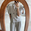 Simple Lapel Double-breasted Puff Sleeve Blazer  High-waist Pleated Casual Trousers suit