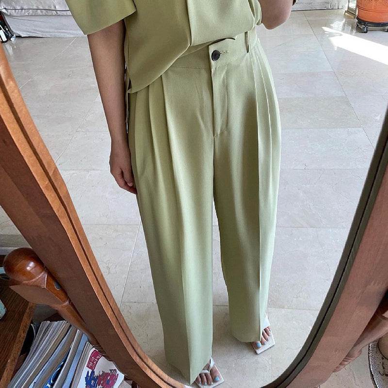 Simple Lapel Double-breasted Puff Sleeve Blazer  High-waist Pleated Casual Trousers suit