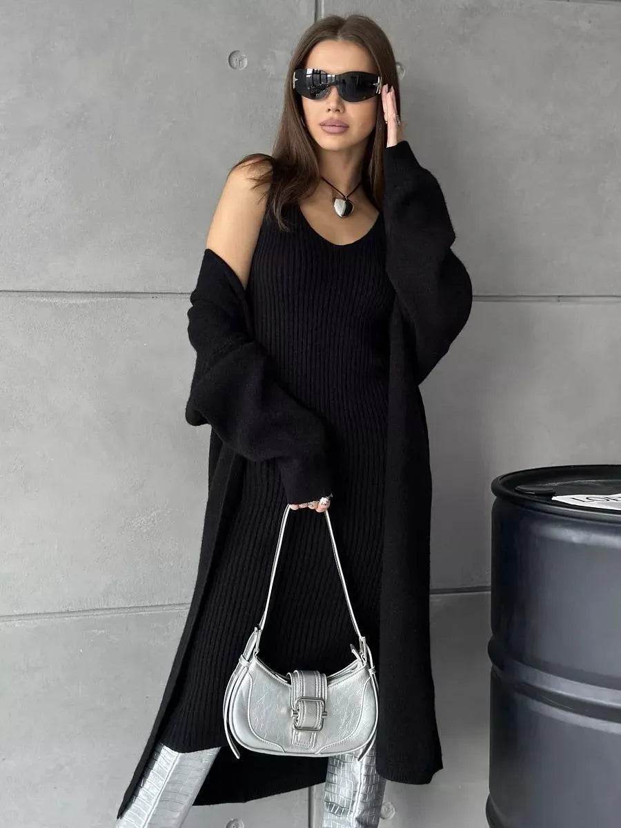 Women 2pcs Winter outfit set  Long dress Cashmere Long Cardigan Jacket