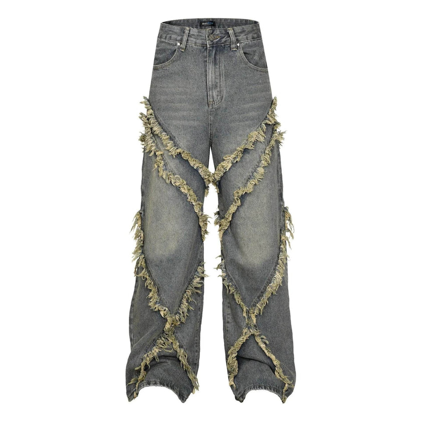 Wash Distressed Stitching Baggy Jeans Pant With Whiskers Same Style For Men And Women