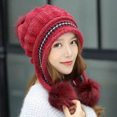 Women Cozy Knit Fleece-Feel Beanie With Ear Flaps Winter Hat Perfect For Skiing & Outdoor Activities