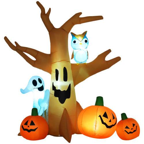 HOMCOM 7.5 Tall Lighted Halloween Inflatables Outdoor Decorations Haunted Tree With Owl, Ghost, Pumpkins, Blow Up LED Yard Decor For Garden, Lawn, Party, Holiday, Waterproof