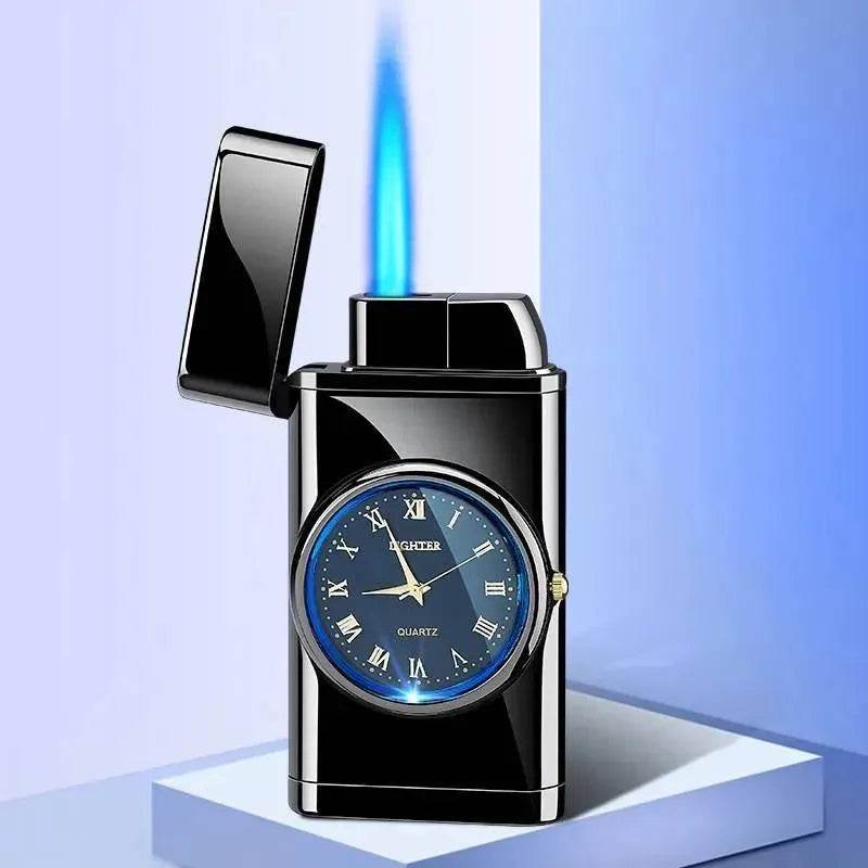 New Lighter With Electric Watch Rocker Arm Automatic Ignition Straight Blue Flame Lighter Creative Real Dial Inflatable Windproof Cigar Lighter Men's Watch Gift