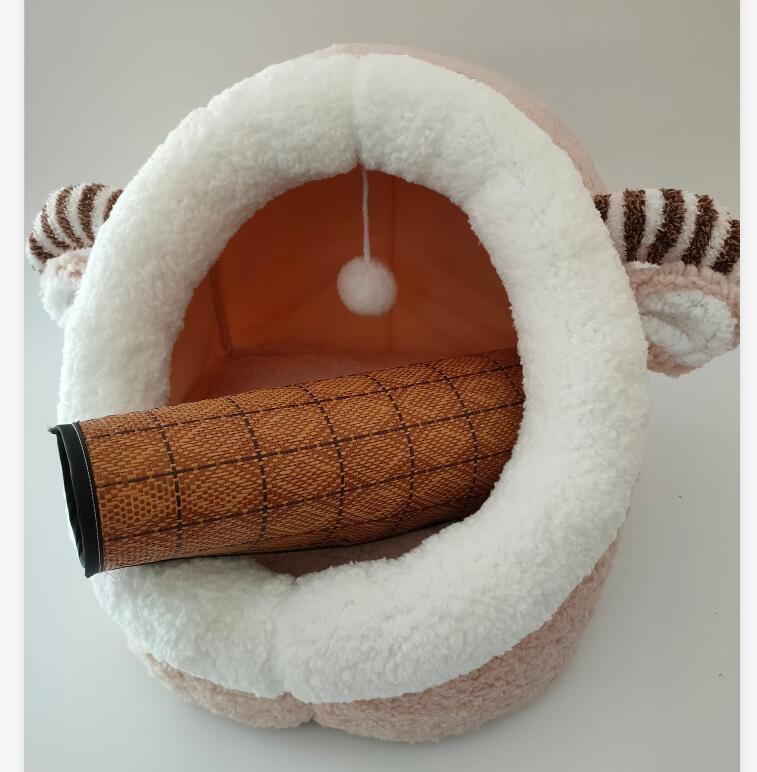 Enclosed Cat Cave Bed – Plush Winter Kennel with Dangling Toy | Bear, Cat, Mickey & More