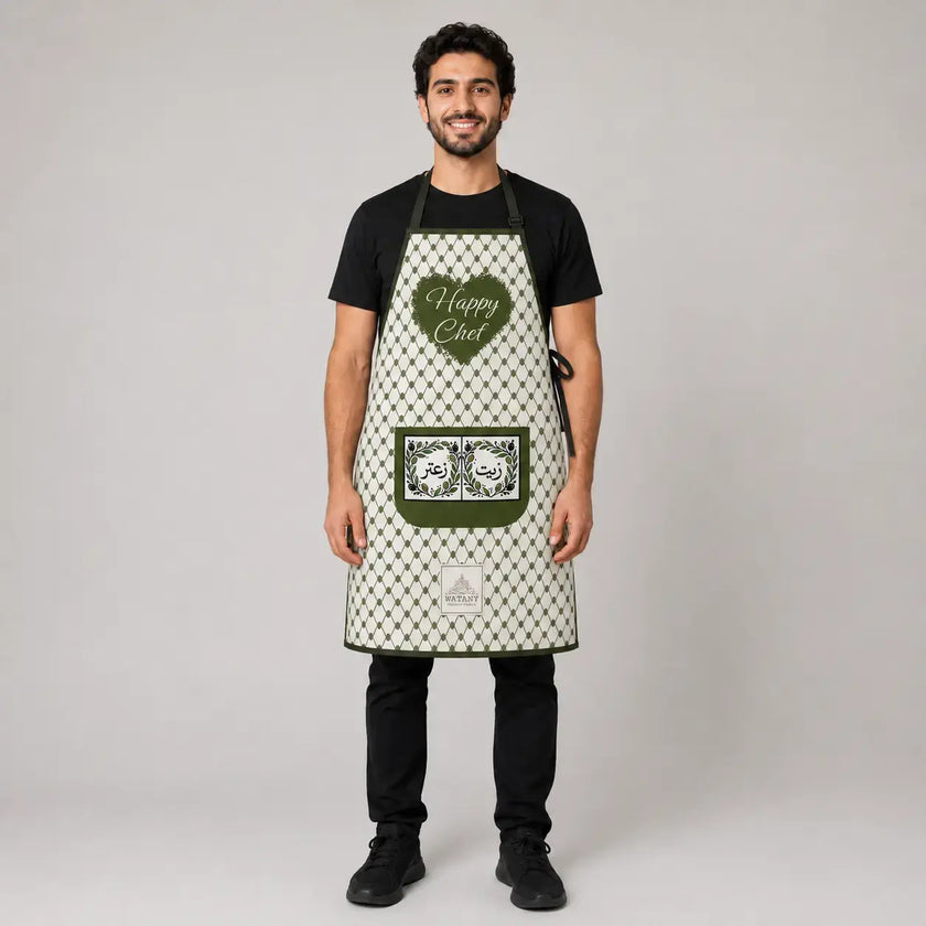 Happy Chef Palestinian Keffiyeh Apron – Olive Oil & Za’atar Pocket Kitchen Apron
