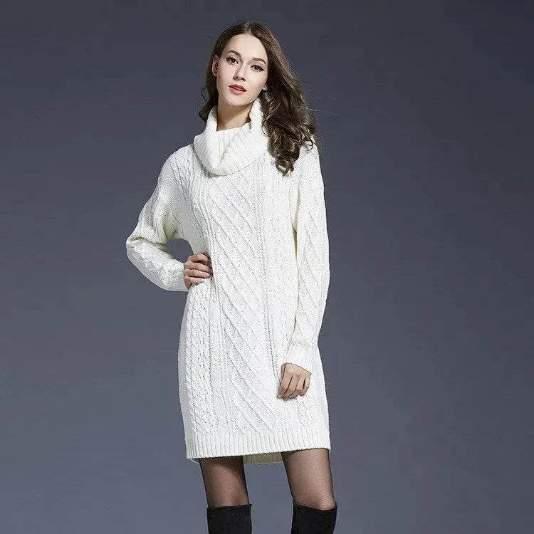 New Autumn Winter Solid Knitted Oversized Mini Turtleneck Sweater Dress