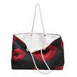 Red Lip Print Weekender Bag | Bold Kiss Pattern, Black Background