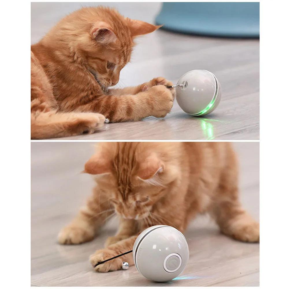 USB Rechargeable LED Rolling Cat Ball Toy with Feather & Bell – Blue, White, Gray, Pink