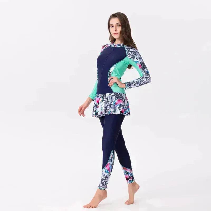 One-Piece Long Sleeve Long Skirt Swimsuit