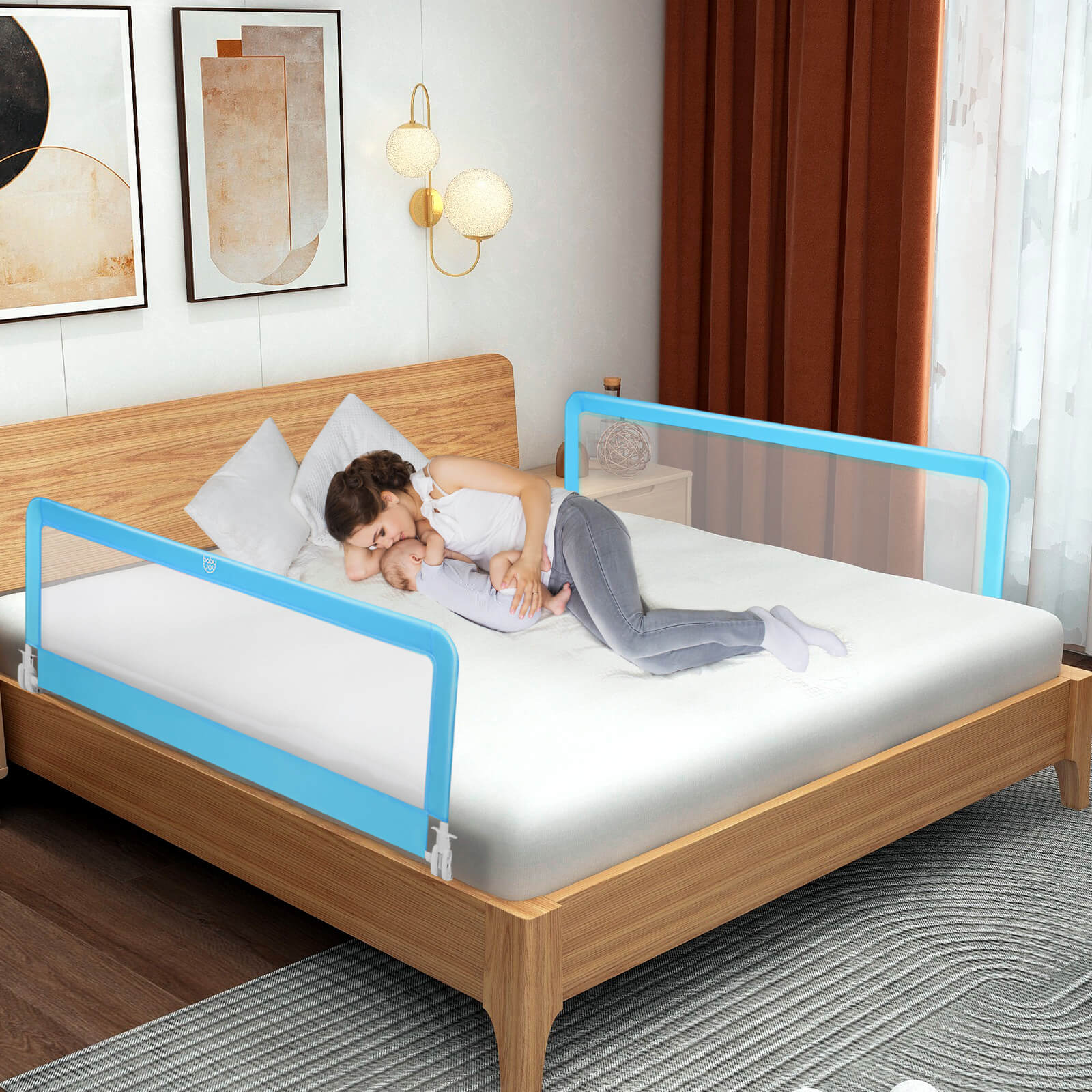 59 Inch Extra Long Folding Breathable Baby Children Toddlers Bed Rail Guard with Safety Strap-Blue