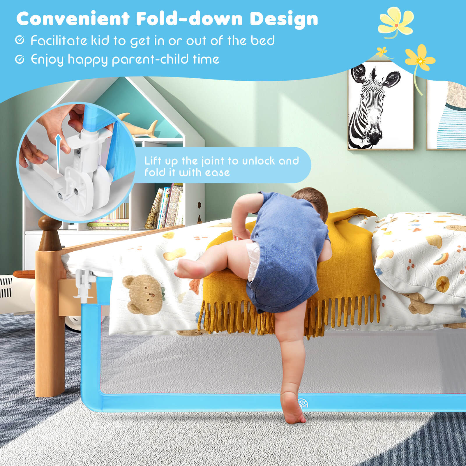 59 Inch Extra Long Folding Breathable Baby Children Toddlers Bed Rail Guard with Safety Strap-Blue