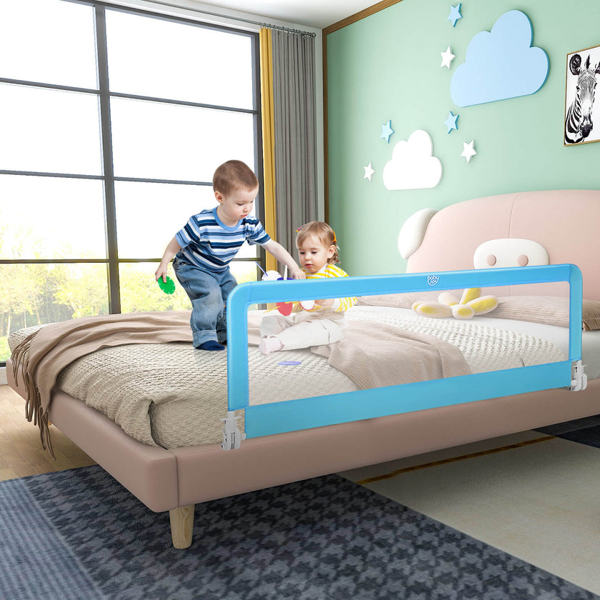 59 Inch Extra Long Folding Breathable Baby Children Toddlers Bed Rail Guard with Safety Strap-Blue