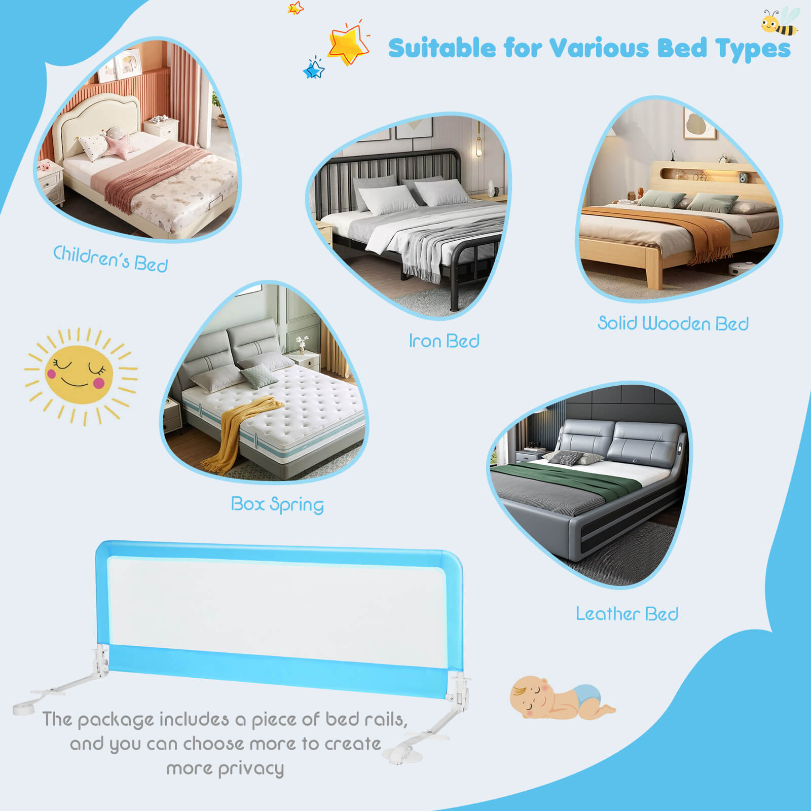 59 Inch Extra Long Folding Breathable Baby Children Toddlers Bed Rail Guard with Safety Strap-Blue