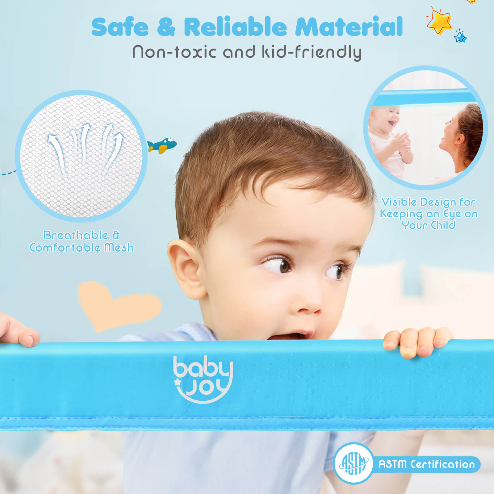59 Inch Extra Long Folding Breathable Baby Children Toddlers Bed Rail Guard with Safety Strap-Blue