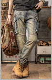Sprin Autumn Retro Slim Fit Straight Leg Casual Distressed Denim Jeans Cargo Pant Men