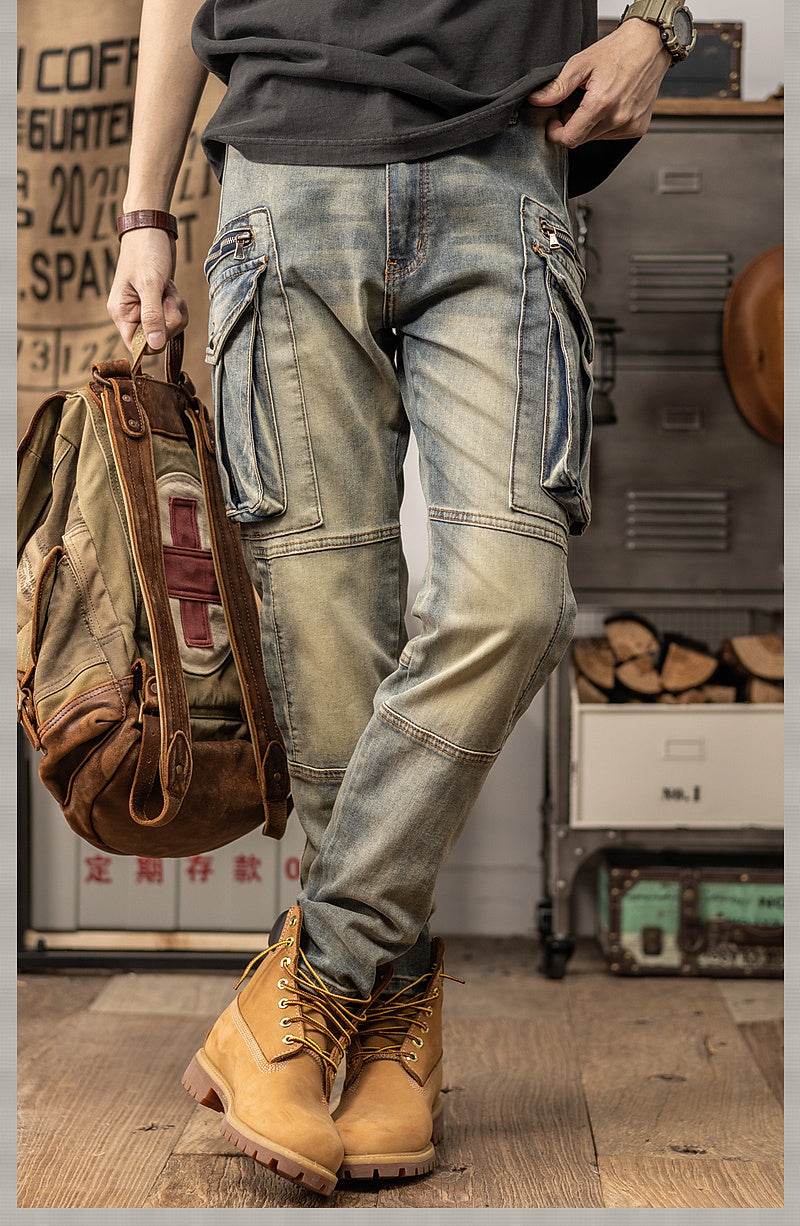 Sprin Autumn Retro Slim Fit Straight Leg Casual Distressed Denim Jeans Cargo Pant Men