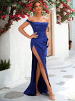 Sweetheart Neck Off shoulder Corset Style Satin Slim Fit High Slit Evening Gown Maxi Dress - Navy Blue