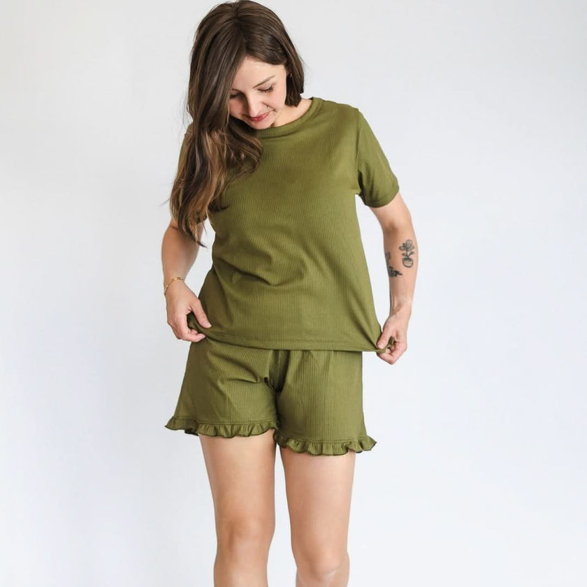 Ladies' Bamboo 2-Piece Short Sleeve Lounge Set | Olive Rib