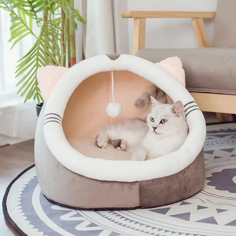 Enclosed Cat Cave Bed – Plush Winter Kennel with Dangling Toy | Bear, Cat, Mickey & More