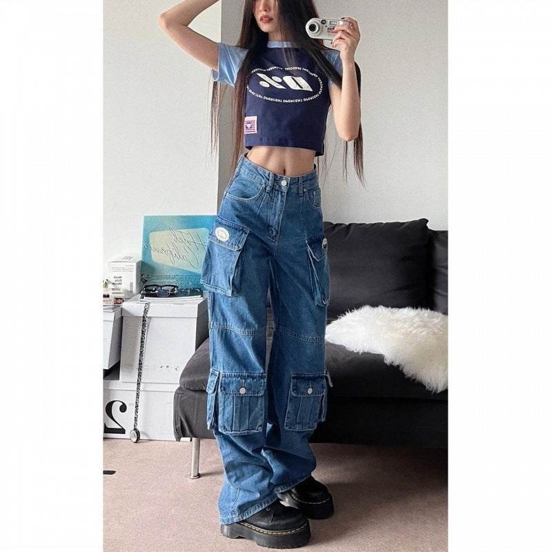 Blue Denim Pant Baggy Boyfriend Cargo Jeans for Women
